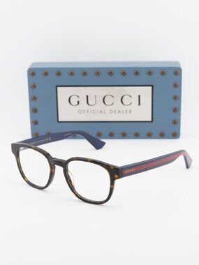 Gucci GG0927O 002 Square Eyeglasses 49mm – Dark Havana with Blue and Red Stripe